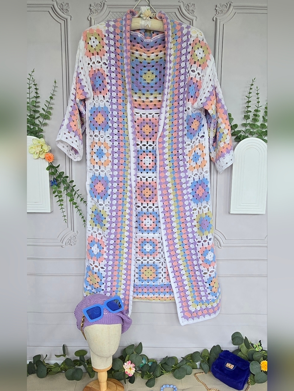 POL Pastel Crochet Granny Square Duster Kimono Cardigan OSFA - Picture 3 of 17